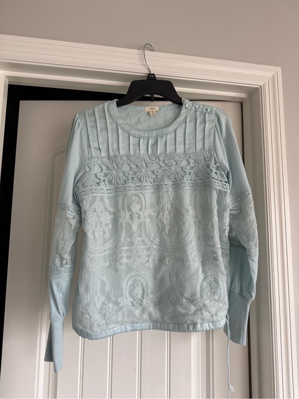 Anthropologie Tiny Light Blue Lace Overlay Long Sleeve Top